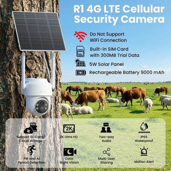 GALAYOU 4G LTE Überwachungskamera Aussen Akku Solar - 2K Kamera Überwachung Aussen mit SIM Karte, Ohne WLAN Kamera Outdoor, PTZ, PIR Bewegungsmelder, Farbnachtsicht, Zwei-Wege-Audio