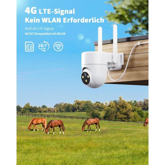 NUASI 4G LTE Überwachungskamera Aussen mit SIM Karte, 2K PTZ 360° IP Kamera Ohne WLAN Outdoor mit FarbNachtsicht, AI Personenerkennung und 2-Wege-Audio, IP66 Wasserdicht