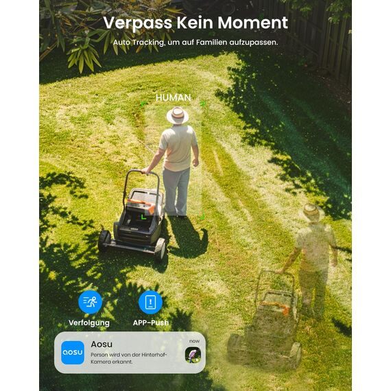 aosu Überwachungskamera Aussen mit Solarpanel, Panorama-PTZ, Automatischer Personenverfolgung, 2K-Nachtsicht, Licht- und Tonalarm, 2-Wege-Audio, kompatibel mit Alexa/Google Assistant(2-Pack)