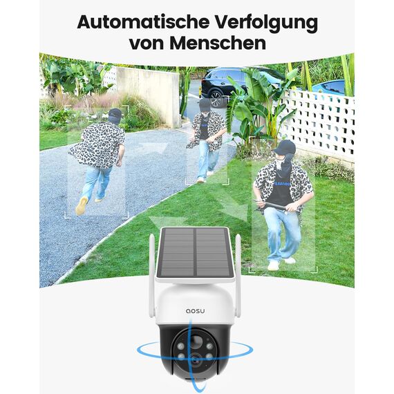 aosu 2K Überwachungskamera Aussen Solar Akku 3MP [360° PTZ Panorama, Integrierter Solarpanel] Kabellos PIR-Bewegungserkennung Automatische Verfolgung Farb-Nachtsicht Ton- & Lichtalarm 2-Wege-Audio