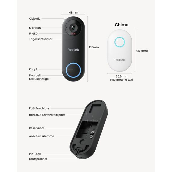 Reolink 5MP Video-Türklingel PoE mit Chime, UHD Türklingel Kabelgebundene mit Kamera, 180° Ultraweitwinkel, Zwei-Wege-Audio, Personenerkennung, Wasserdicht, Alarme, Kompatibel NVR, Video Doorbell PoE