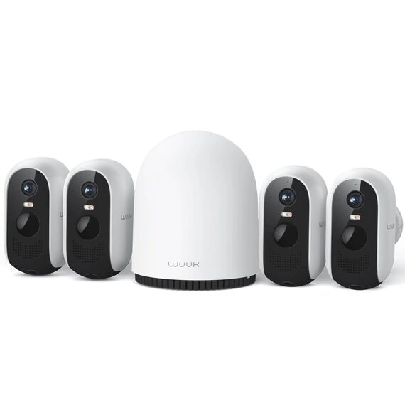 WUUK Überwachungskamera Aussen Akku, Kamera Überwachung Innen, 2K, Ohne ABO, 32 GB Lokalem Speicher, Nachtsicht, 2.4/5GHz WLAN, Kompatibel Mit Alexa & Google, Basisstation + 4-Kamera-Set