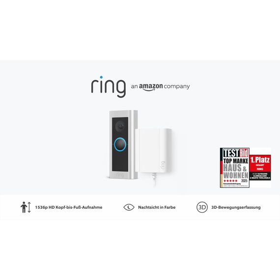 Ring Videotürklingel Pro Kabel (bisher: Video Doorbell Pro 2) + Netzteil von Amazon | Klingel mit Kamera, 1536p HD, Kopf-bis-Fuß-Aufnahme, 3D-Bewegungserfassung, Vogelperspektive