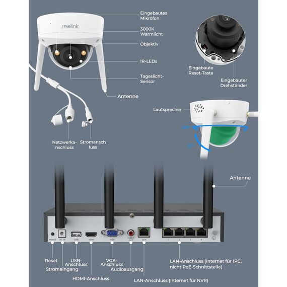 Reolink 4K Wi-Fi 6 Überwachungskamera Set mit IK10 Vandalismusschutz, Farbnachtsicht, 12CH NVR mit 2TB HDD, Personen-/Fahrzeug-/Tiererkennung, 2-Wege-Audio, IP67 wetterfeste WLAN-Kameras, RLK12-800WV4