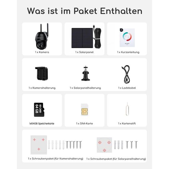COOAU 4G LTE Überwachungskamera Aussen Akku mit SIM Karte+64GB Kartenspeicher+Solarpanel, Kamera überwachungs LTE,2K Kabellos Solar Kamera Outdoor mit Farb-Nachtsicht, PIR Personenerkennung, IP66