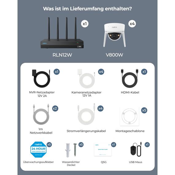 Reolink 4K Wi-Fi 6 Überwachungskamera Set mit IK10 Vandalismusschutz, Farbnachtsicht, 12CH NVR mit 2TB HDD, Personen-/Fahrzeug-/Tiererkennung, 2-Wege-Audio, IP67 wetterfeste WLAN-Kameras, RLK12-800WV4