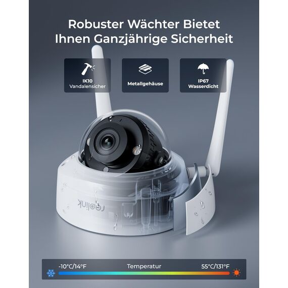 Reolink 4K Wi-Fi 6 Überwachungskamera Aussen, IK10 Vandalismusgeschützt, Farbnachtsicht, Personen-/Fahrzeug-/Tiererkennung, Zwei-Wege-Audio, Ohne PT, RLC-840WA