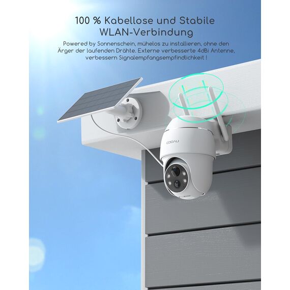 COOAU 5MP Überwachungskamera Aussen mit Solarpanel - 4dBi Kamera Überwachung Aussen Akku - WLAN Outdoor Kamera mit H.265-Videokomprimierung | 4 Spotlight | Cloud-Speicher | 2.4GHz