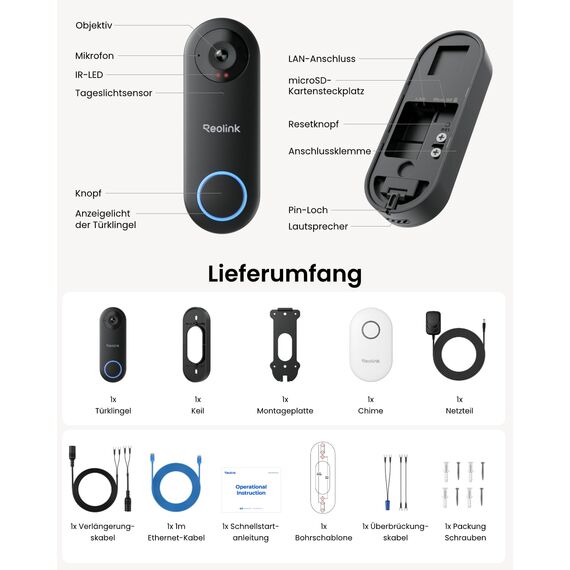 Reolink Video-Türklingel mit Chime, 5MP Ultra HD Kabelgebundene Türklingel mit Kamera, 2,4/5GHz WLAN, Personenerkennungsalarme, 180° Ultraweitwinkel, 2-Wege-Audio, Fernzugriff, Video Doorbell WiFi