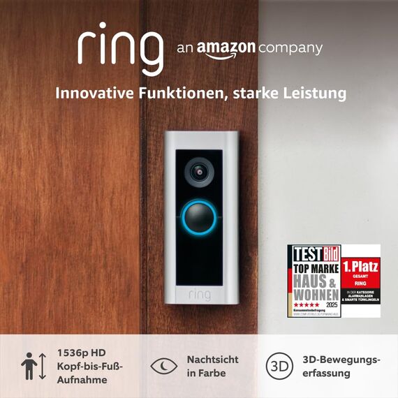 Ring Videotürklingel Pro Kabel (bisher: Video Doorbell Pro 2) von Amazon | Klingel mit Kamera, 1536p-HD-Video, Kopf-bis-Fuß-Aufnahme, 3D-Bewegungserfassung, WLAN, festverdrahtet