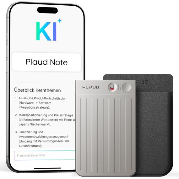 Plaud Note KI Digitales Diktiergerät mit Hülle - 64 GB Aufnahmegerät mit KI-Technologie zum Transkribieren und Zusammenfassen, One-Touch-Aufnahme (Silver Note mit schwarzer Hülle)