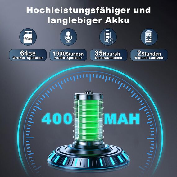 64GB Diktiergerät Mini - Tragbares USB-C Aufnahmegerät, Geräuschreduzierung, Magnetisch, One Touch Diktiergerät, Wiederaufladbarer Audio Recorder mit Kopfhörer, für Arbeit, Studie, Meeting, Interview