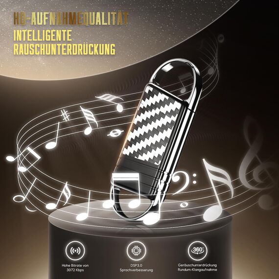 64GB Digitales Diktiergerät - 4800Hr Audio Aufnahmegerät, AI Rauschunterdrückung Audio-Aufnahme mit Wiedergabe, Aufhängbar Sprachaktivierte Voice Recorder, Voice Recorder für Interviews, Vorträge