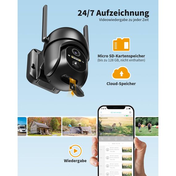 NUASI 4G LTE Überwachungskamera Aussen Akku mit SIM Karte, 2K Kabellos Solar PTZ IP Kamera Outdoor Ohne WLAN, Farb-Nachtsicht, 355°/100° Schwenkbar, PIR Erkennung, 2-Wege-Audio, IP66 Wasserdicht