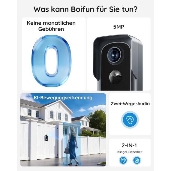 BOIFUN 2K 5MP WLAN Video Türklingel mit Kamera,Alexa-kompatibel, Nachtsicht, PIR Bewegungserkennung, 2-Wege-Audio, Unterstützt SD & Cloud-Speicher, mit Chime, 2.4Ghz WLAN