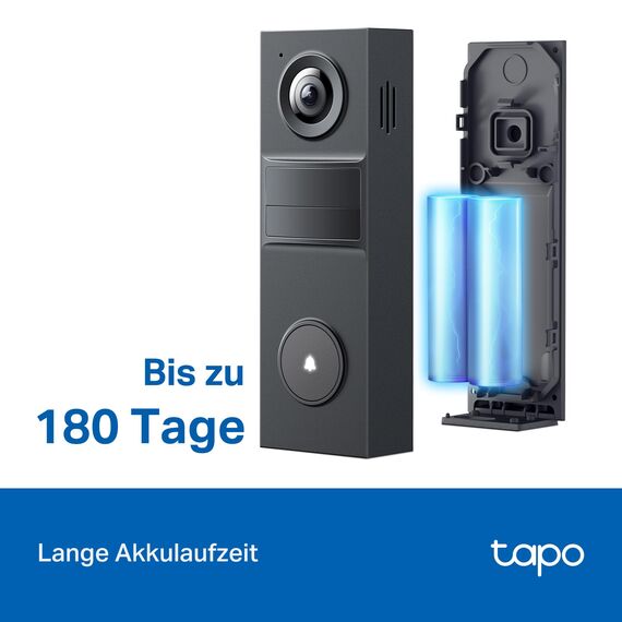 Tapo D205 Akku-Videotürklingel | WLAN Türklingel mit Kamera | 2K, 160° Weitwinkel, Zwei-Wege-Audio | Integrierter Akku | Lokale Speicherung auf microSD & H500 HomeBase | Kompatibel Solarpanel