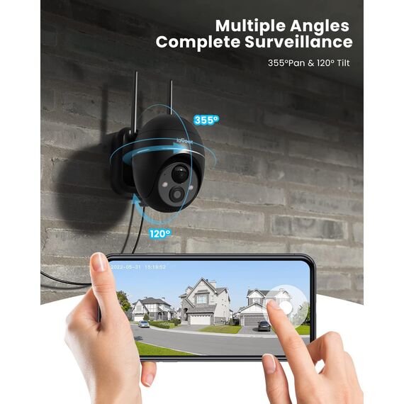 ieGeek 2K Solar Überwachungskamera Aussen Akku, 355°/140° Pan Tilt Kabellose Überwachungskamera mit Farbnachtsicht, PIR Bewegungsmelder, Sirene/Weißlichtalarm, 2-Wege-Audio, IP65, Cloud/Speicher Karte