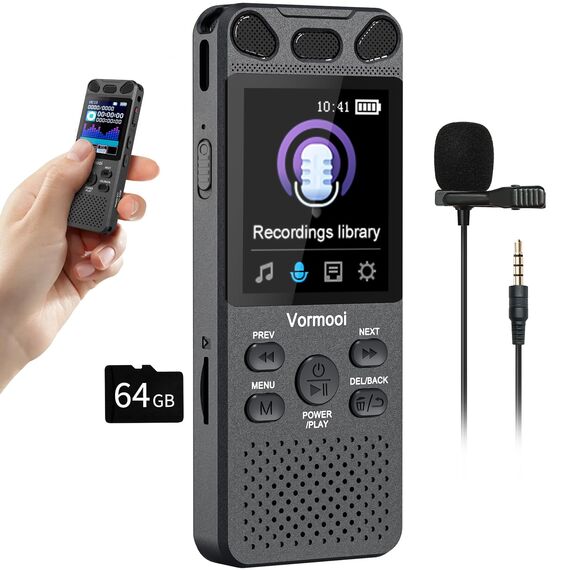 96GB Diktiergerät Digitales 110 Std Aufnahmegerät mit Externes Mikrofon, Vormooi 2,15" Farbbildschirm Voice Audio Recorder, USB-C Diktiergeräte MP3 mit Spracherkennung/Wiedergabe für Meeting Interview