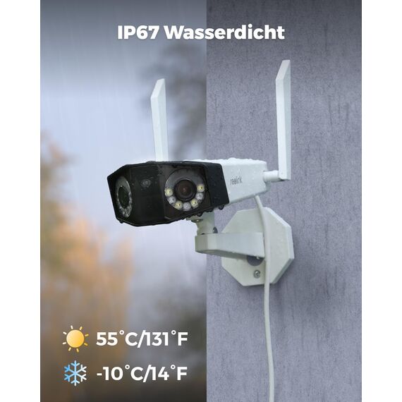 Reolink 4K Dual-Lens WLAN Überwachungskamera Aussen, 180° Ultra-Weitwinkel, Person-/Fahrzeug-/Haustier-Erkennung, 2,4/5 GHz Wi-Fi 6, Farbnachtsicht, 2-Wege-Audio, Duo 2 WiFi