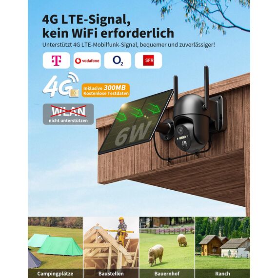 NUASI 4G LTE Überwachungskamera Aussen Akku mit SIM Karte, 2K Kabellos Solar PTZ IP Kamera Outdoor Ohne WLAN, Farb-Nachtsicht, 355°/100° Schwenkbar, PIR Erkennung, 2-Wege-Audio, IP66 Wasserdicht