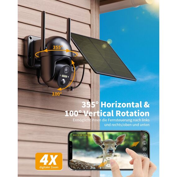 NUASI 4G LTE Überwachungskamera Aussen Akku mit SIM Karte, 2K Kabellos Solar PTZ IP Kamera Outdoor Ohne WLAN, Farb-Nachtsicht, 355°/100° Schwenkbar, PIR Erkennung, 2-Wege-Audio, IP66 Wasserdicht