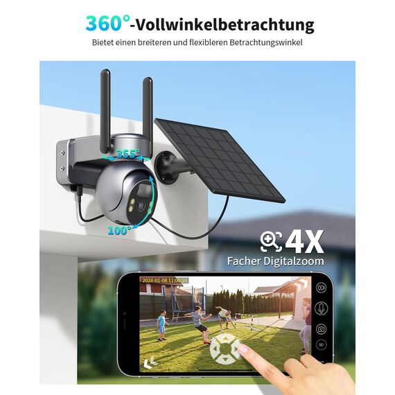 SEHMUA 4G LTE Überwachungskamera Aussen Solar mit SIM Karte - 2K HD PTZ Kabellos Kamera Ohne WLAN Outdoor Akku, 355°/105° Schwenkbar, Farb Nachtsicht, 2-Wege-Audio, PIR Erkennung, IP66