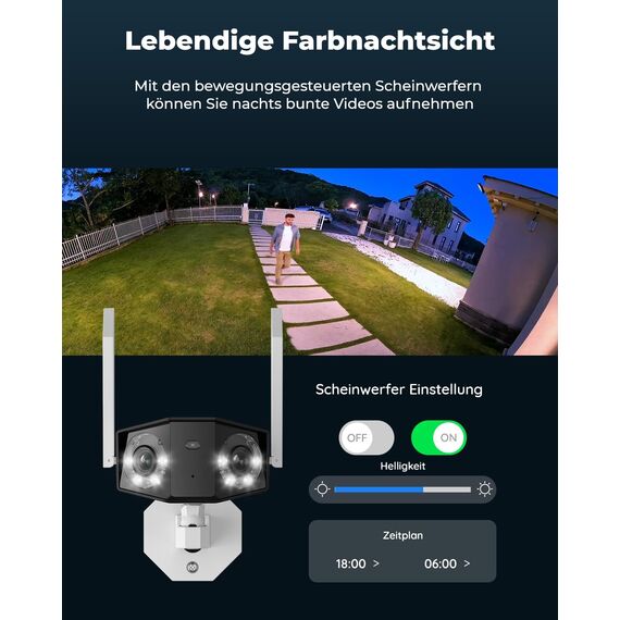 Reolink 4K Dual-Lens WLAN Überwachungskamera Aussen, 180° Ultra-Weitwinkel, Person-/Fahrzeug-/Haustier-Erkennung, 2,4/5 GHz Wi-Fi 6, Farbnachtsicht, 2-Wege-Audio, Duo 2 WiFi