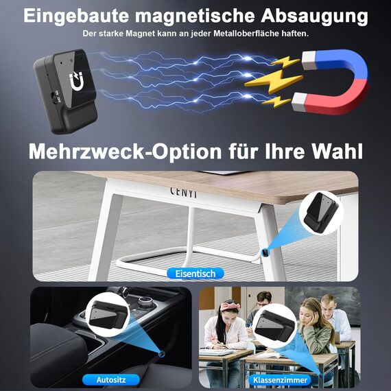 64GB Diktiergerät Mini - Tragbares USB-C Aufnahmegerät, Geräuschreduzierung, Magnetisch, One Touch Diktiergerät, Wiederaufladbarer Audio Recorder mit Kopfhörer, für Arbeit, Studie, Meeting, Interview