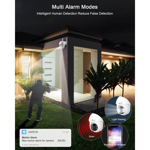 ANRAN 2K Solar Überwachungskamera Aussen Wi-Fi,360°PTZ Schwenkbar Kamera Überwachung Aussen,Farbnachtsicht & 2-Wege-Audio,PIR Erkennung & Intelligenter Alarm,IP66 Wasserdicht,Alexa Kompatibel