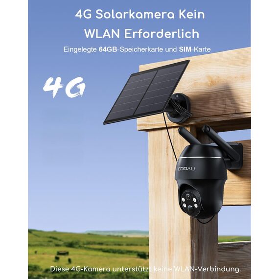 COOAU 4G LTE Überwachungskamera Aussen Akku mit SIM Karte+64GB Kartenspeicher+Solarpanel, Kamera überwachungs LTE,2K Kabellos Solar Kamera Outdoor mit Farb-Nachtsicht, PIR Personenerkennung, IP66