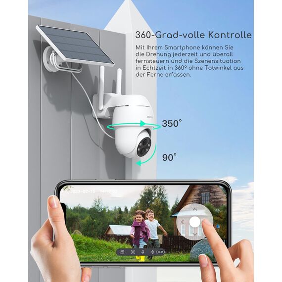 COOAU 5MP Überwachungskamera Aussen mit Solarpanel - 4dBi Kamera Überwachung Aussen Akku - WLAN Outdoor Kamera mit H.265-Videokomprimierung | 4 Spotlight | Cloud-Speicher | 2.4GHz
