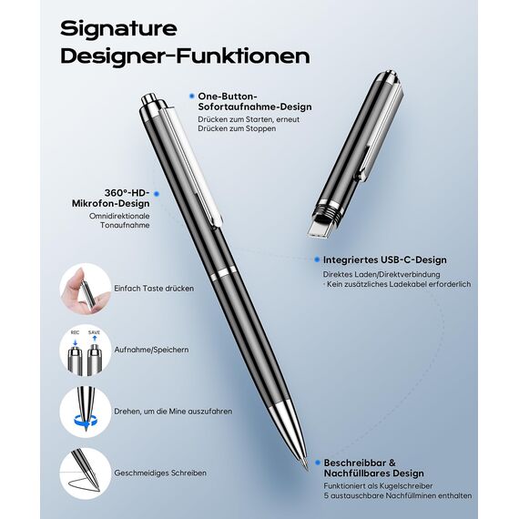 Diktiergerät mit USB-C, 64GB Aufnahmegerät,1600h Speicher Voice Recorder, Wiedergabe mit DSP-Rauschunterdrückung & HD-Audio, Digitales Diktiergerät für Unterricht, Meetings, Interviews
