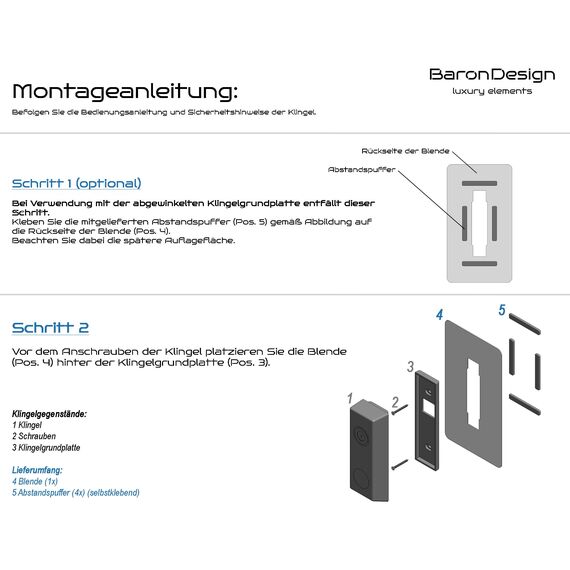 Baron Design | Edelstahl Blende | Zubehör für Eufy Videotürklingel/Video Doorbell | E340, 2K HD, S330, S220, C30, C31 | Halterung, Schild, Platte für Klingel