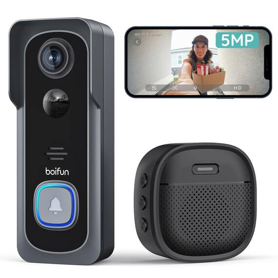 BOIFUN 2K 5MP WLAN Video Türklingel mit Kamera,Alexa-kompatibel, Nachtsicht, PIR Bewegungserkennung, 2-Wege-Audio, Unterstützt SD & Cloud-Speicher, mit Chime, 2.4Ghz WLAN
