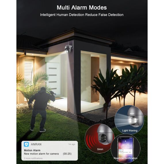 ANRAN 2K Überwachungskamera Aussen WiFi,360°PTZ Schwenkbar Solar Kamera Überwachung Aussen,Farbnachtsicht & 2-Wege-Audio,PIR Erkennung & Intelligenter Alarm,IP66 Wasserdicht,Alexa Kompatibel Q1 Grau