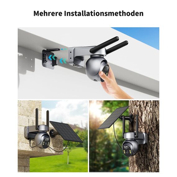 SEHMUA 4G LTE Überwachungskamera Aussen Solar mit SIM Karte - 2K HD PTZ Kabellos Kamera Ohne WLAN Outdoor Akku, 355°/105° Schwenkbar, Farb Nachtsicht, 2-Wege-Audio, PIR Erkennung, IP66