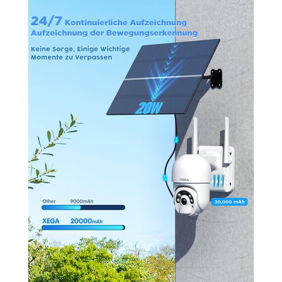 Xega 4G LTE Überwachungskamera mit SIM Karte Aussen【20W Solarpanel】20,000mAh Akku 2K 3MP PTZ Solar Kabellos Überwachungskamera ohne WLAN, 355°/95° Schwenkbar, Farb-Nachtsicht, PIR Erkennung (No WiFi)