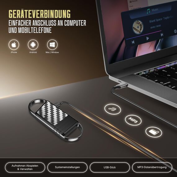 64GB Digitales Diktiergerät - 4800Hr Audio Aufnahmegerät, AI Rauschunterdrückung Audio-Aufnahme mit Wiedergabe, Aufhängbar Sprachaktivierte Voice Recorder, Voice Recorder für Interviews, Vorträge
