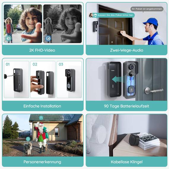 BOIFUN WLAN Video Türklingel mit Kamera, 2K-HD-Funkklingel mit Kamera,Alexa-kompatibel, Nachtsicht, PIR Bewegungserkennung, 2-Wege-Audio, Unterstützt SD & Cloud-Speicher, mit Chime, 2.4GHz WLAN