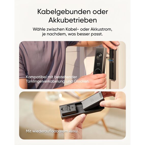 eufy Security video türklingel E340, Dual türklingel mit kamera mit Paketerkennung, 2K Full HD Farb-Nachtsicht, Kabel- oder Akkubetrieben, kompatibel mit HomeBase S380, Gebührenfreie Nutzung