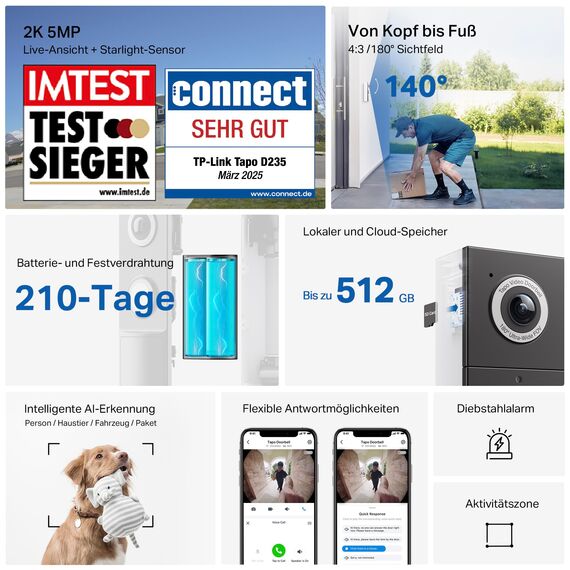 Tapo D235 Video-Türklingel Akku/Festverdrahtet (Video Doorbell) | Türklingel mit Kamera, 2K 5MP, Farbe Nachtsicht, 180° ultrabreiten Sichtfeld, 10000 mAh Nicht entfernbarer Akku, Mit Chime, Alexa