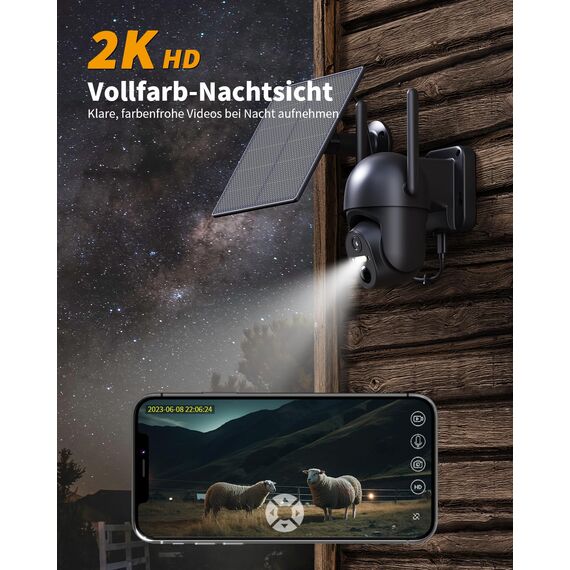 NUASI 4G LTE Überwachungskamera Aussen Akku mit SIM Karte, 2K Kabellos Solar PTZ IP Kamera Outdoor Ohne WLAN, Farb-Nachtsicht, 355°/100° Schwenkbar, PIR Erkennung, 2-Wege-Audio, IP66 Wasserdicht