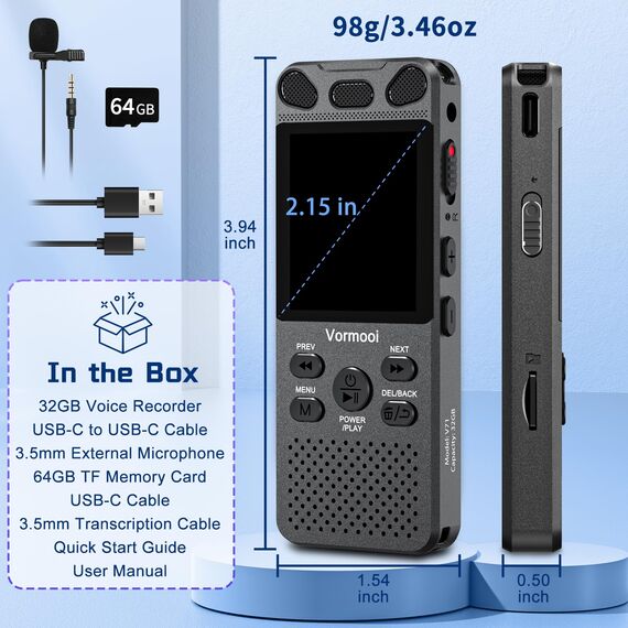 96GB Diktiergerät Digitales 110 Std Aufnahmegerät mit Externes Mikrofon, Vormooi 2,15" Farbbildschirm Voice Audio Recorder, USB-C Diktiergeräte MP3 mit Spracherkennung/Wiedergabe für Meeting Interview