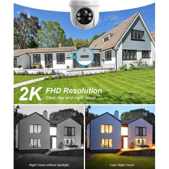 ANRAN 2K Solar Überwachungskamera Aussen Wi-Fi,360°PTZ Schwenkbar Kamera Überwachung Aussen,Farbnachtsicht & 2-Wege-Audio,PIR Erkennung & Intelligenter Alarm,IP66 Wasserdicht,Alexa Kompatibel
