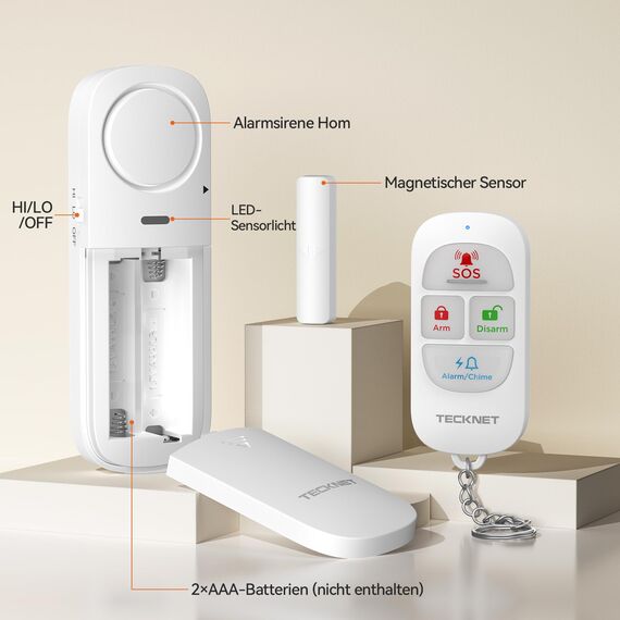 TECKNET Fensteralarm Einbruchschutz, Türalarm mit Fernbedienung, Kabellose Alarmanlage, 4 Funktionsmodi der Sirene für Haus, Geschäft, Pool und Wohnmobil (4er-Pack)