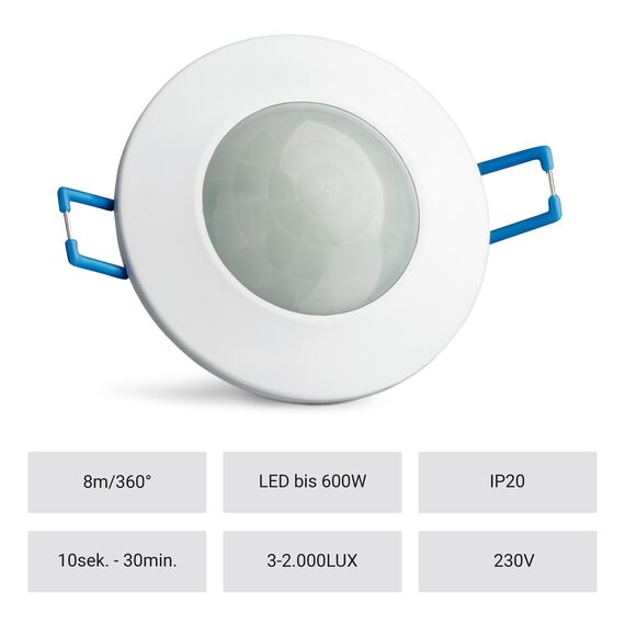 SEBSON Bewegungsmelder Innen - 2er Set - Unterputz Aufputz Decken Montage, programmierbar Infrarot Sensor Reichweite 8m / 360°, LED geeignet, 3-Draht