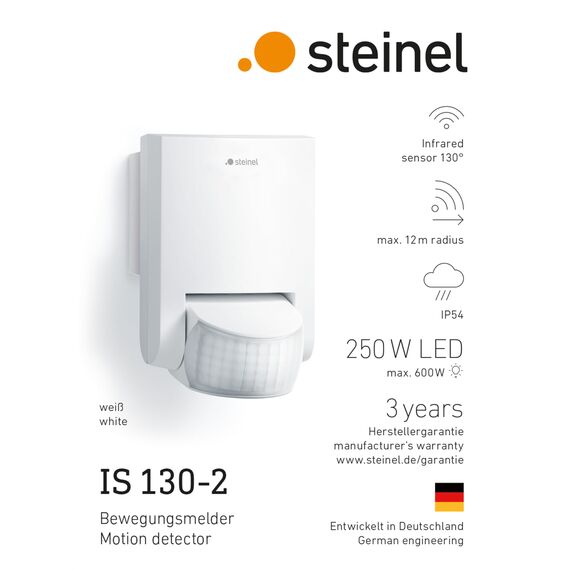 Steinel Bewegungsmelder IS 130-2 weiß, 130° Bewegungssensor, 12 m Reichweite, für den Innen- und Außenbereich, IP 54