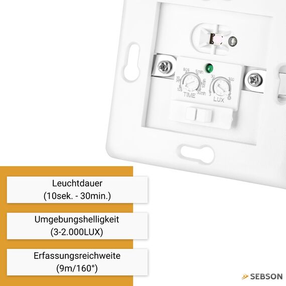 SEBSON Bewegungsmelder Innen Unterputz, LED geeignet, Wand Montage, IR Sensor programmierbar - passend für Hohlraumdose 68mm - Reichweite 9m/160°