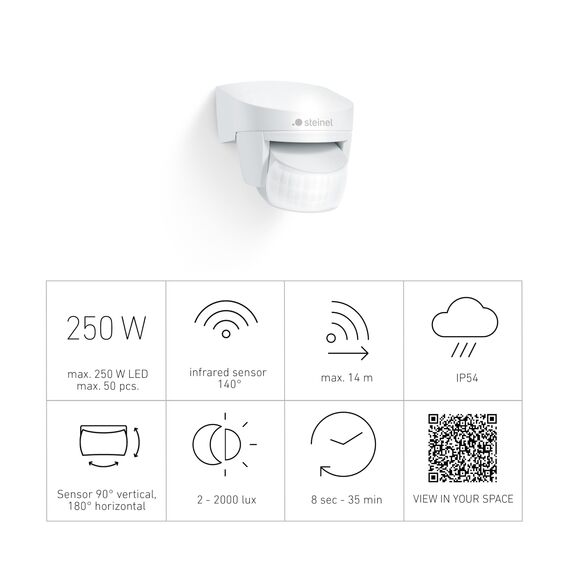 Steinel Bewegungsmelder IS 140-2 weiß, 140° Bewegungsensor, max. 14 m Reichweite, Innen und Außen, IP54