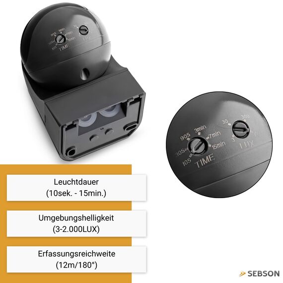SEBSON Bewegungsmelder Außen IP44 Aufputz Anthrazit - LED geeignet, programmierbar, Infrarot Sensor 12m / 180°, Wand Montage, schwenkbar, 3-Draht
